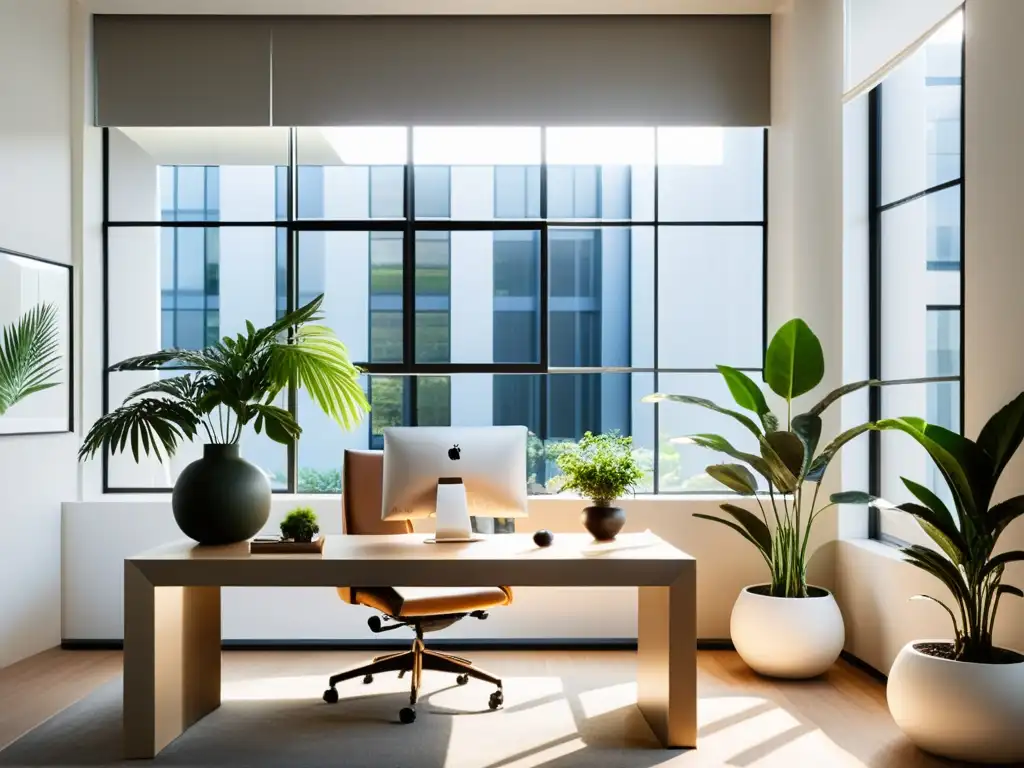 Un espacio de trabajo minimalista con iluminación natural y equilibrio Feng Shui, decorado con plantas y tonos neutros