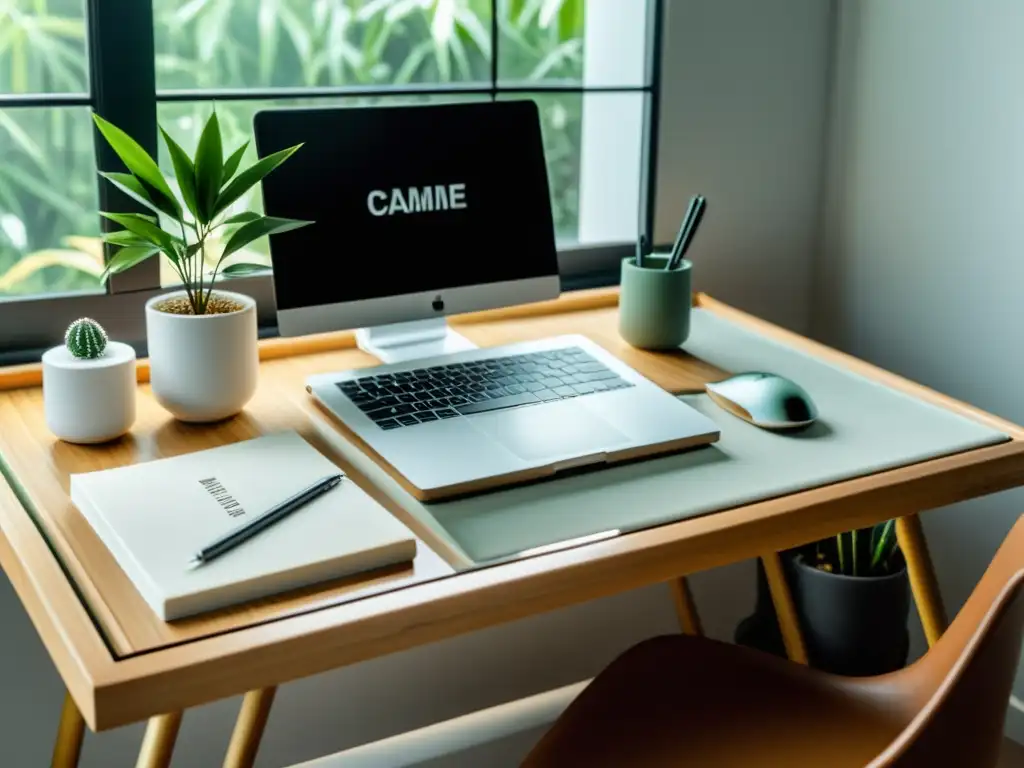 Espacio de trabajo minimalista con plantas de bambú, cristales y Feng Shui para mejorar productividad