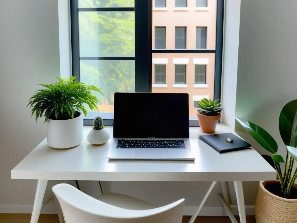 Un espacio de trabajo minimalista y sereno con organización de espacio de trabajo Feng Shui, iluminado por luz natural cerca de una ventana grande