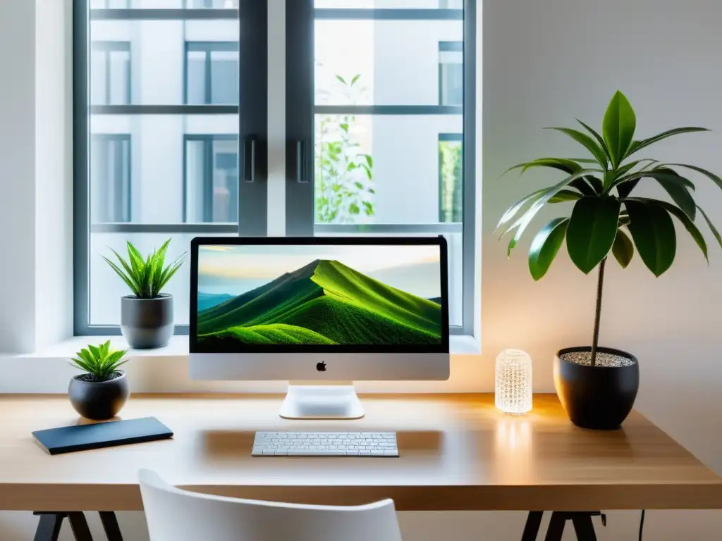 Un espacio de trabajo minimalista y sereno, con elementos de Feng Shui que emanan calma y equilibrio