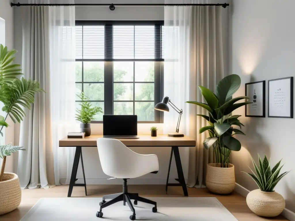 Espacio de trabajo minimalista y sereno con luz natural filtrando a través de cortinas