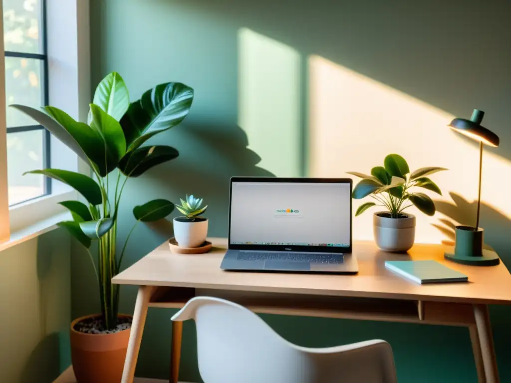 Espacio de trabajo minimalista y sereno con escritorio despejado, laptop elegante, planta y paleta de colores relajantes