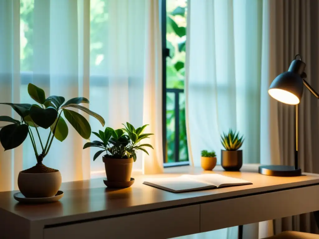 Un espacio de trabajo minimalista y sereno iluminado por luz natural filtrada