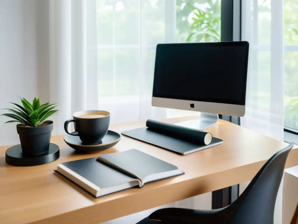 Un espacio de trabajo minimalista con una silla ergonómica negra, libros organizados, plantas y un portátil mostrando un fondo de naturaleza