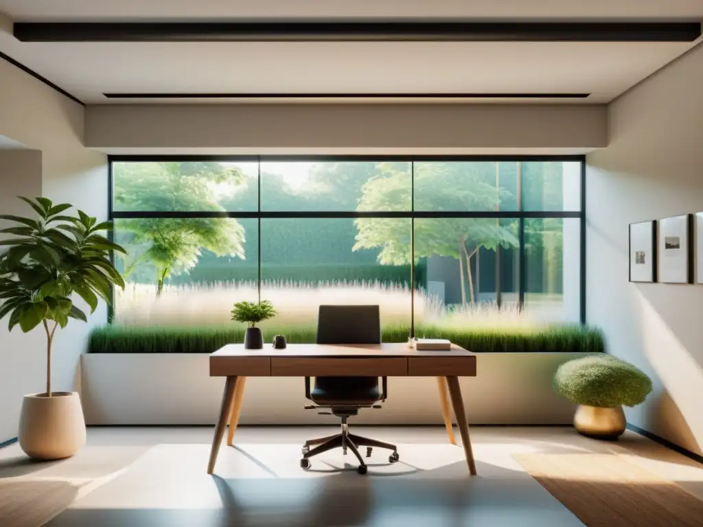 Espacio de trabajo minimalista con vista a un jardín sereno, elementos naturales y colores suaves para un ambiente Feng Shui para espacios de trabajo