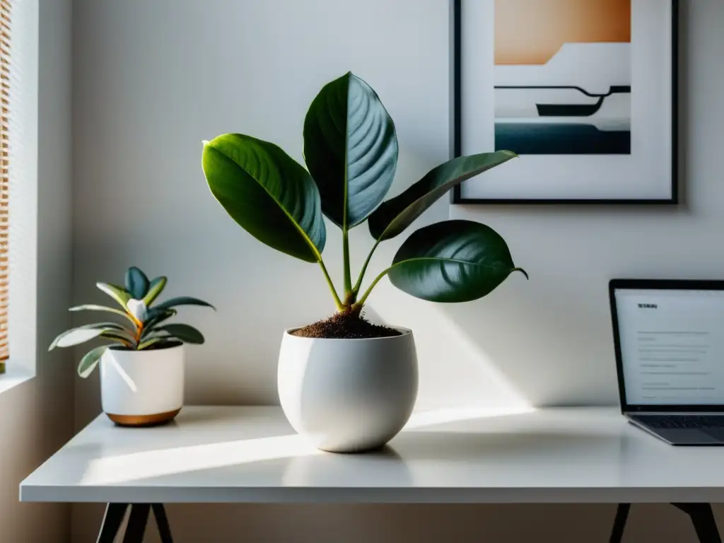 Espacio de trabajo moderno con una elegante planta de interior para mejorar concentración en una atmósfera serena y acogedora