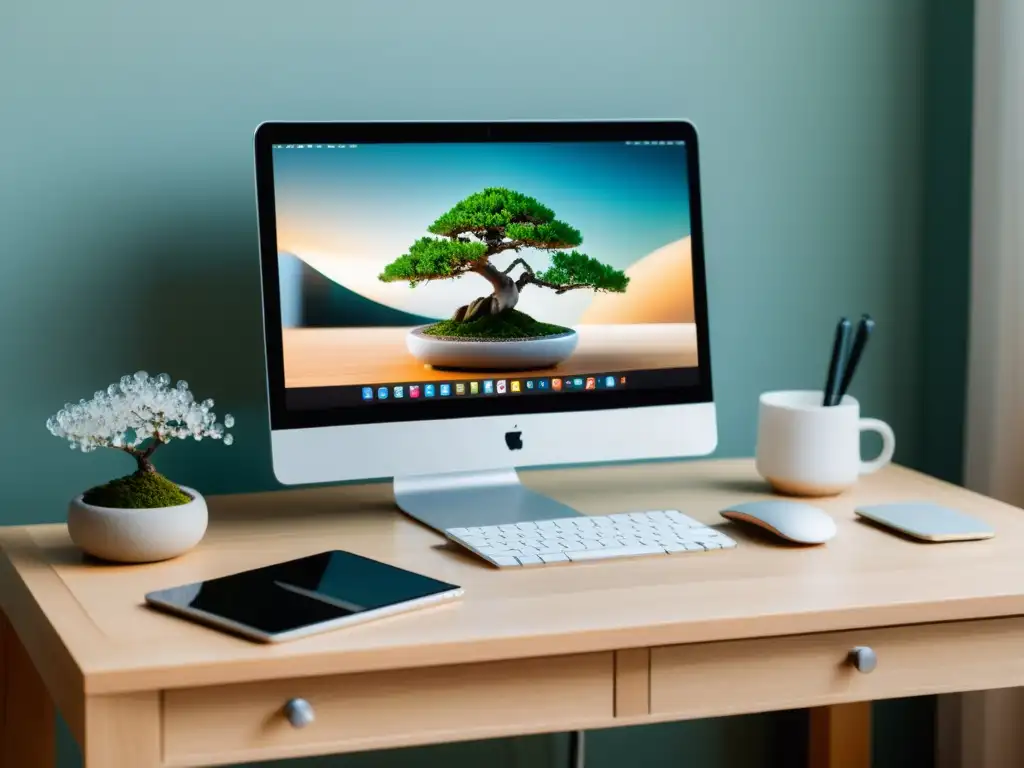 Espacio de trabajo zen minimalista Un espacio de trabajo moderno y sereno, con dispositivos digitales y elementos Feng Shui para armonía