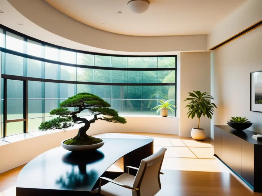 Espacio de trabajo con iluminación natural, energía equilibrada y elementos Feng Shui, frente a un sereno jardín