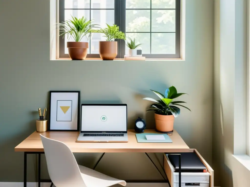 Un espacio de trabajo Feng Shui ordenado y armonioso, con un escritorio despejado, una computadora moderna y una planta