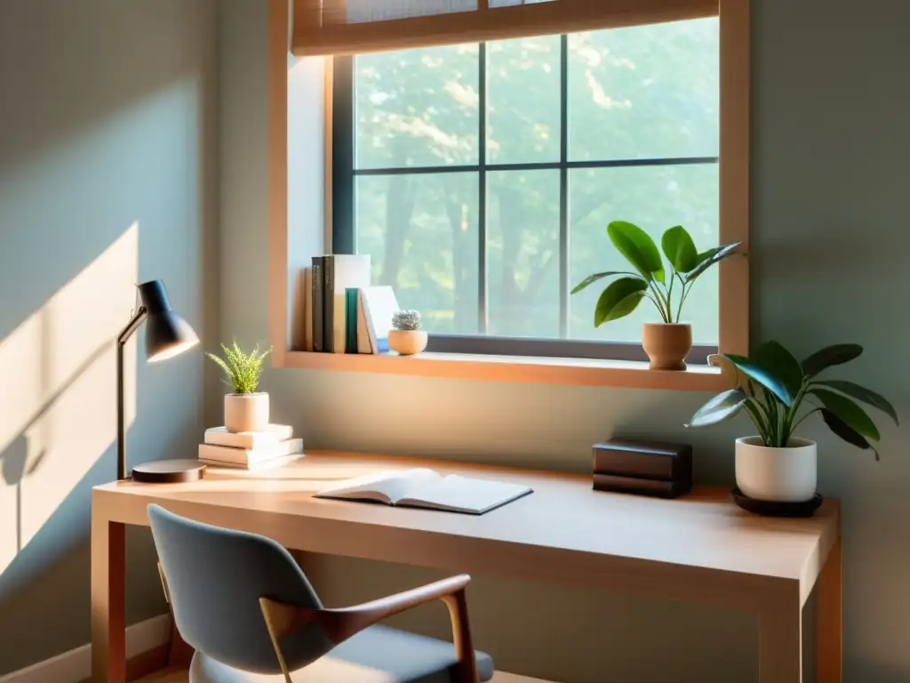 Espacio de trabajo Feng Shui organizado con escritorio minimalista cerca de ventana, iluminado por luz natural suave y decorado con plantas y libros