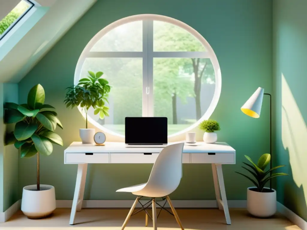 Espacio de trabajo sereno con diseño dispositivos electrónicos Feng Shui, un escritorio blanco y una planta en un entorno tranquilo