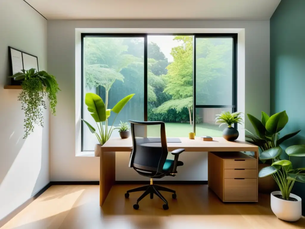 Espacio de trabajo sereno con elementos de Feng Shui en el lugar de trabajo: escritorio despejado, silla ergonómica y vista relajante al jardín