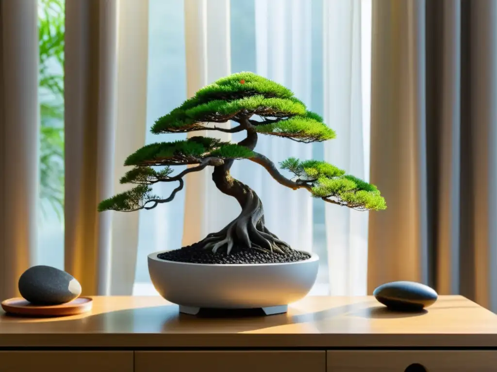 Espacio de trabajo sereno con elementos de Feng Shui, incluyendo un bonsái y una fuente de agua, para rituales diarios de Feng Shui