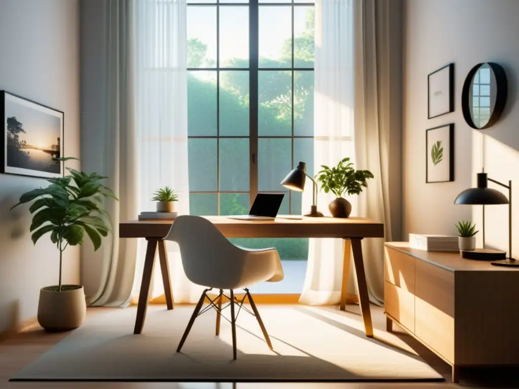 Espacio de trabajo sereno con iluminación Feng Shui, escritorio despejado y plantas en macetas, bañado por suave luz natural