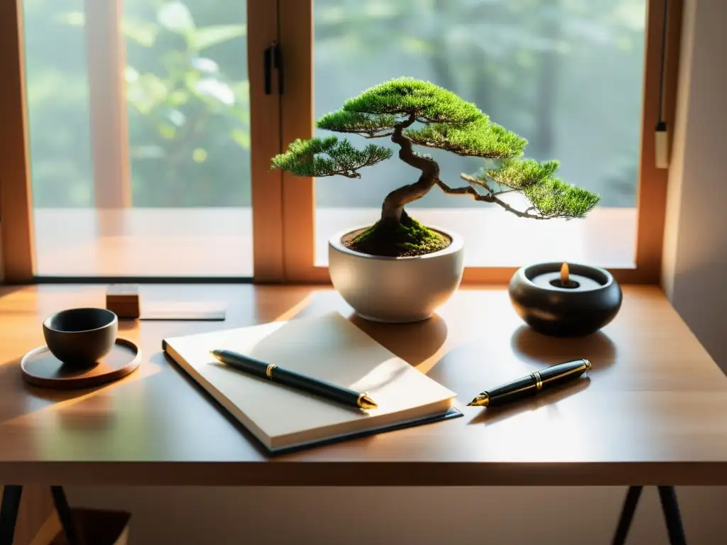 Espacio de trabajo sereno con escritorio de madera, herramientas de escritura y elementos de Feng Shui para escritores