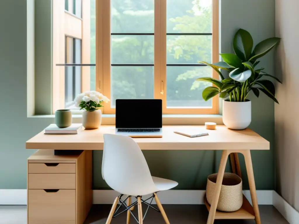 Un espacio de trabajo sereno y minimalista con un escritorio despejado, una planta en maceta y luz natural