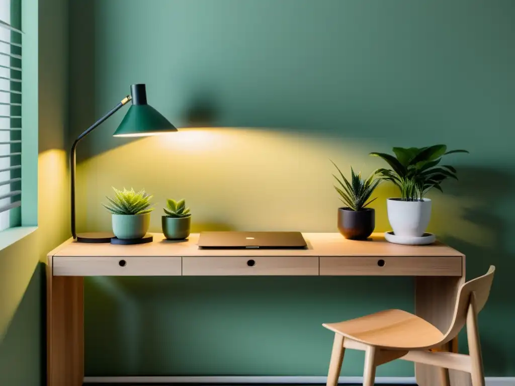 Un espacio de trabajo sereno y minimalista con muebles de madera, plantas cuidadosamente arregladas y una suave luz ambiental de una lámpara moderna