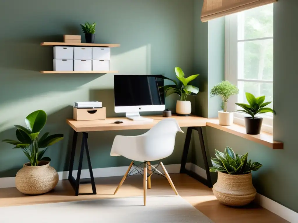 Un espacio de trabajo sereno y minimalista que sigue el Feng Shui para empoderar mujeres, con una decoración cuidadosa y luz natural relajante