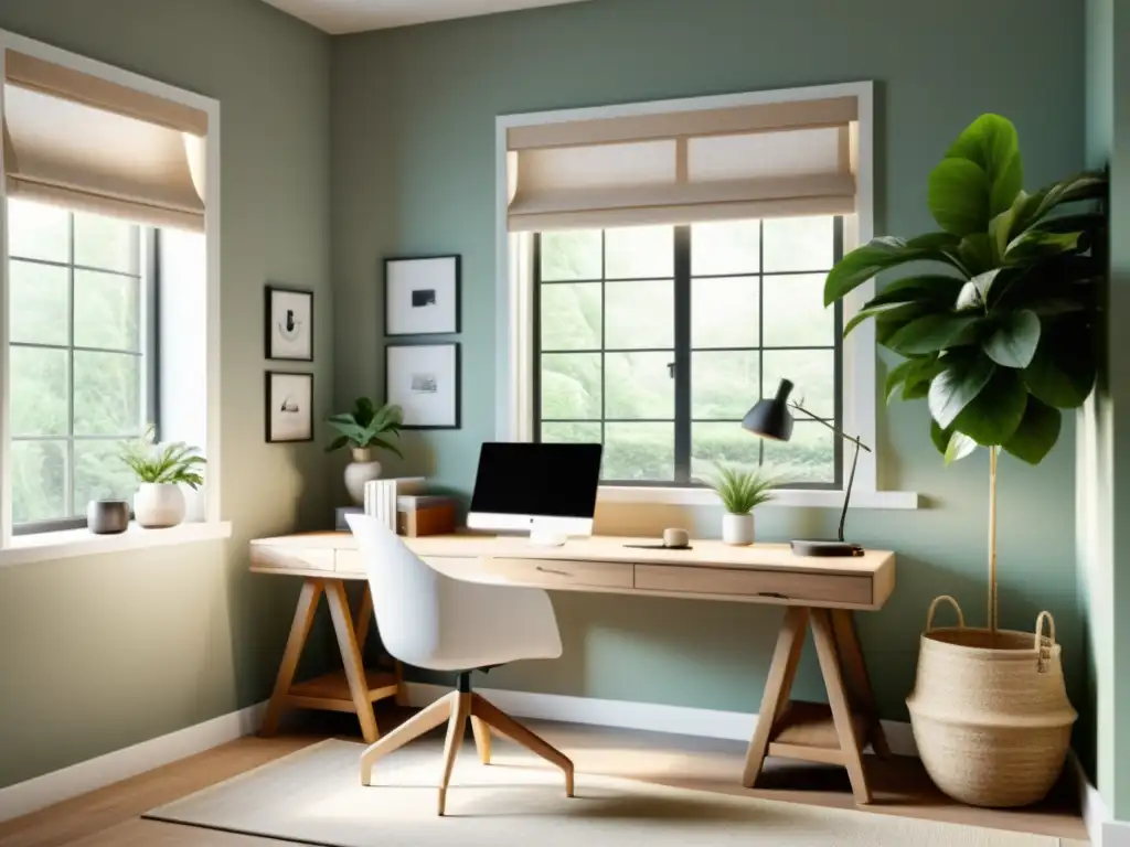 Un espacio de trabajo sereno y minimalista con una mesa despejada, decoración cuidadosamente seleccionada y mucha luz natural