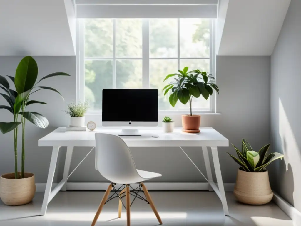 Un espacio de trabajo sereno y minimalista con un escritorio blanco elegante, una planta en maceta y una gran ventana con vistas a un jardín tranquilo