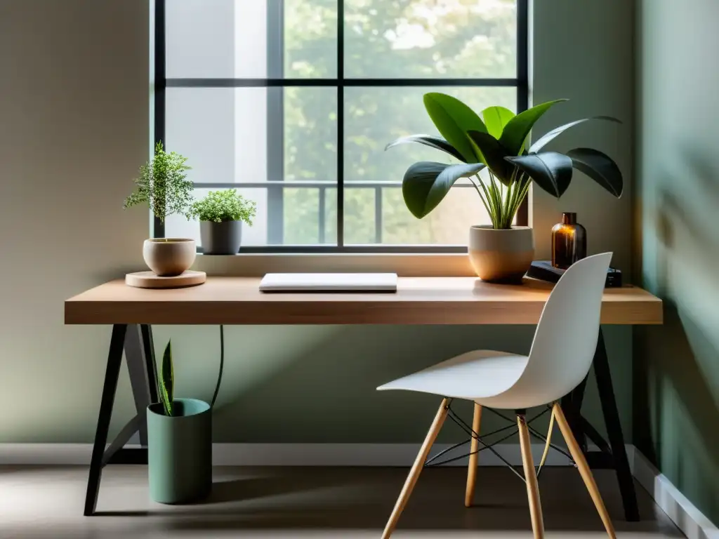 Un espacio de trabajo sereno y minimalista con escritorio elegante, una planta en maceta y ventana grande con escena exterior tranquila