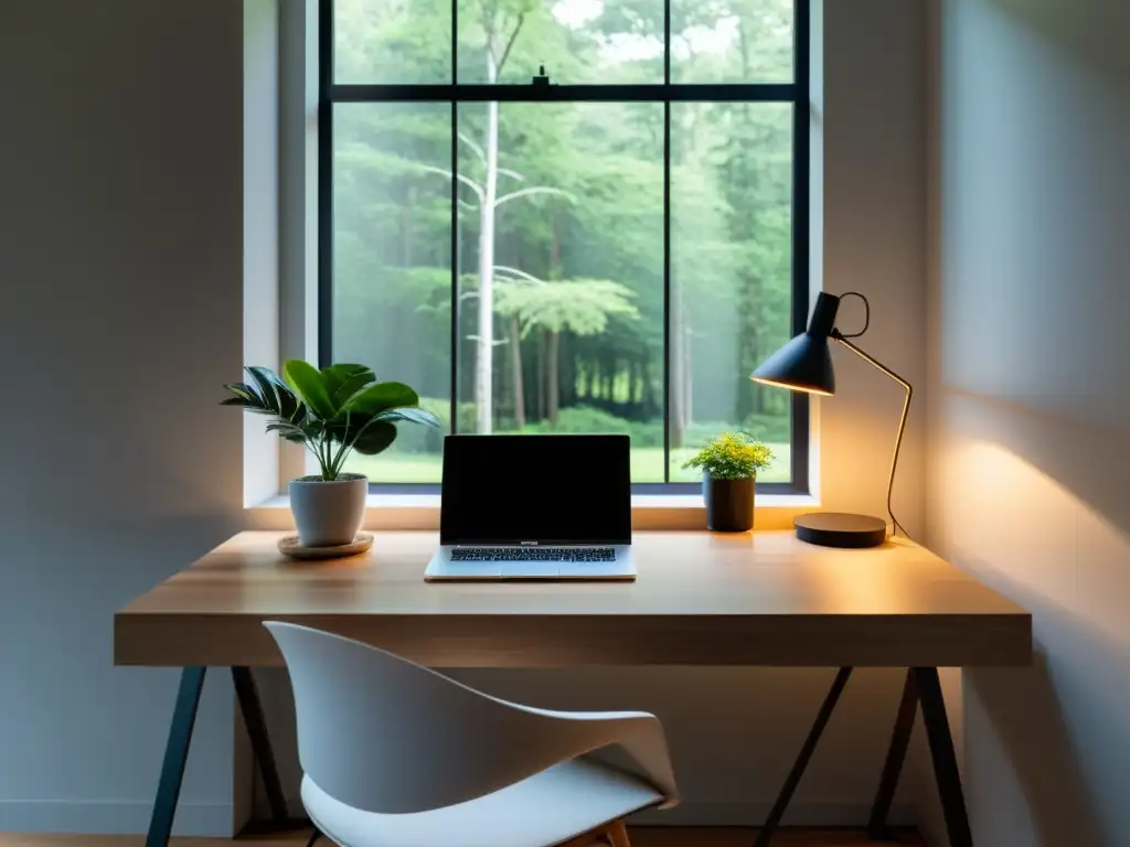 Un espacio de trabajo sereno y minimalista con un escritorio elegante, una planta y una ventana que ofrece una vista tranquila de un paisaje natural