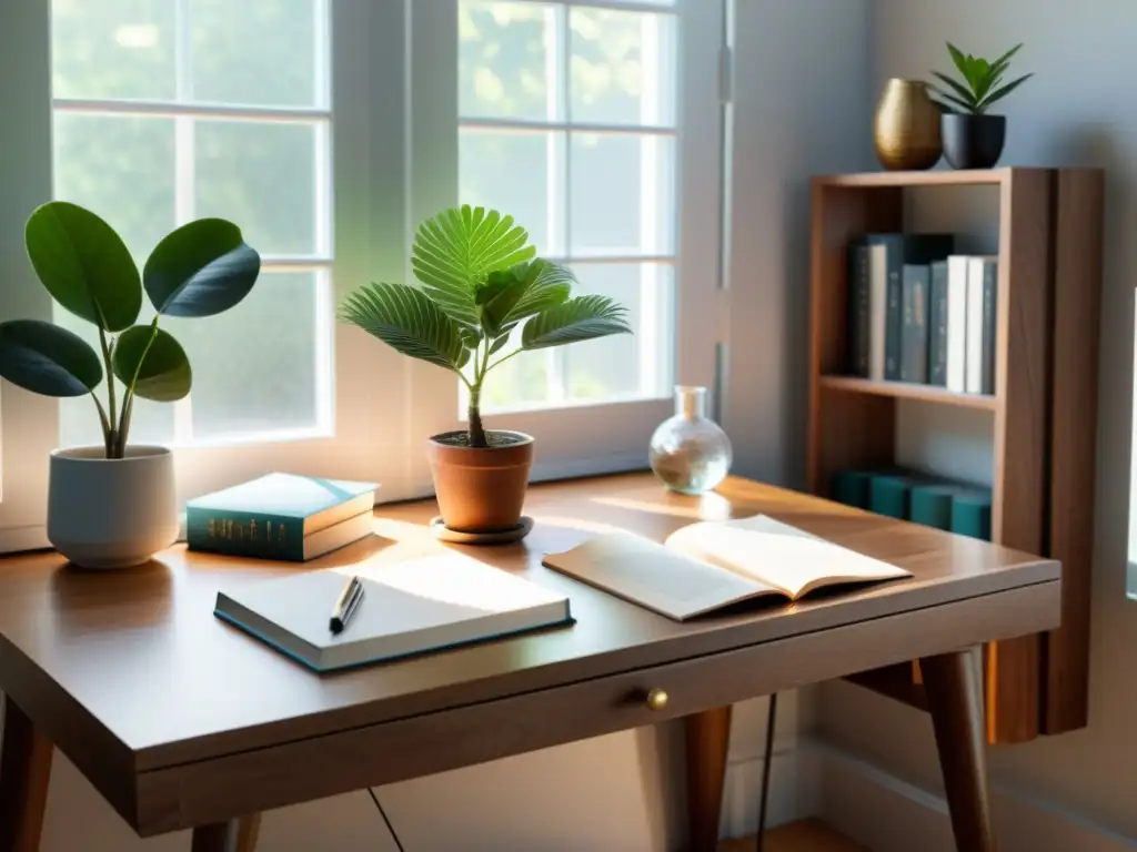 Un espacio de trabajo sereno y minimalista con energía equilibrada, limpiar energía objetos personales Feng Shui