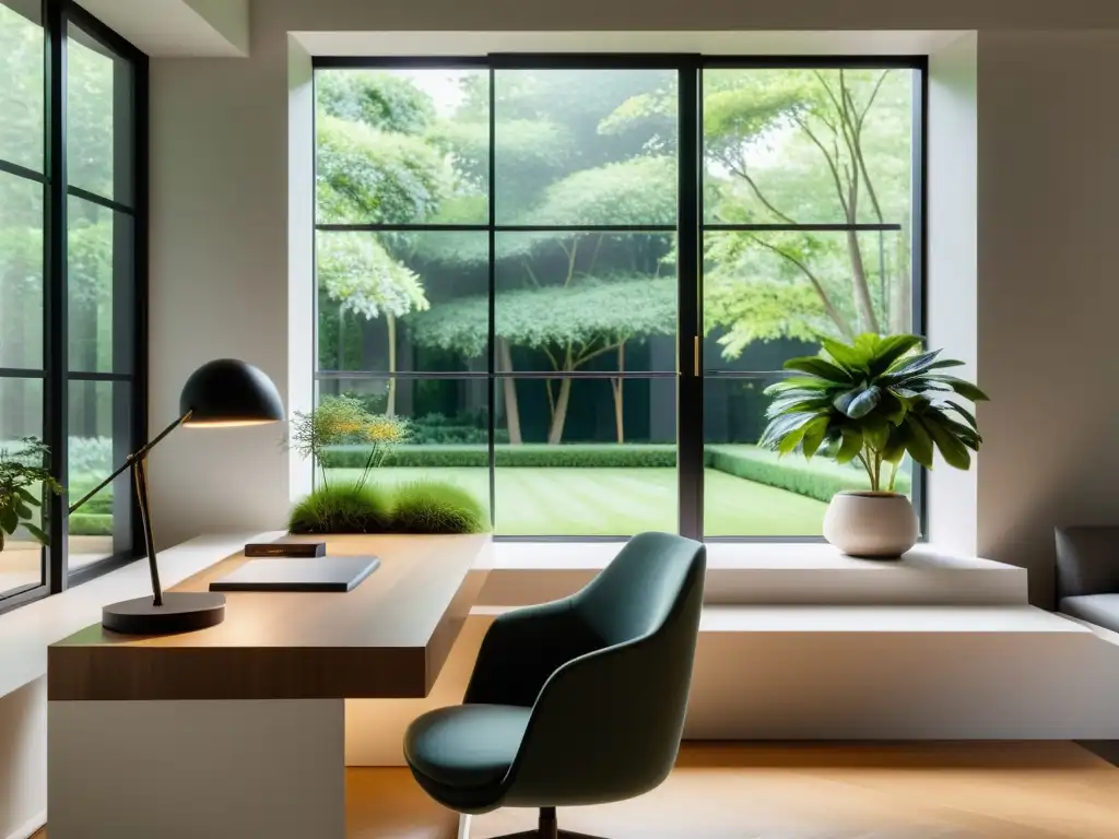 Un espacio de trabajo sereno y minimalista con un escritorio elegante frente a una gran ventana con vista a un jardín tranquilo, con elementos de diseño equilibrado