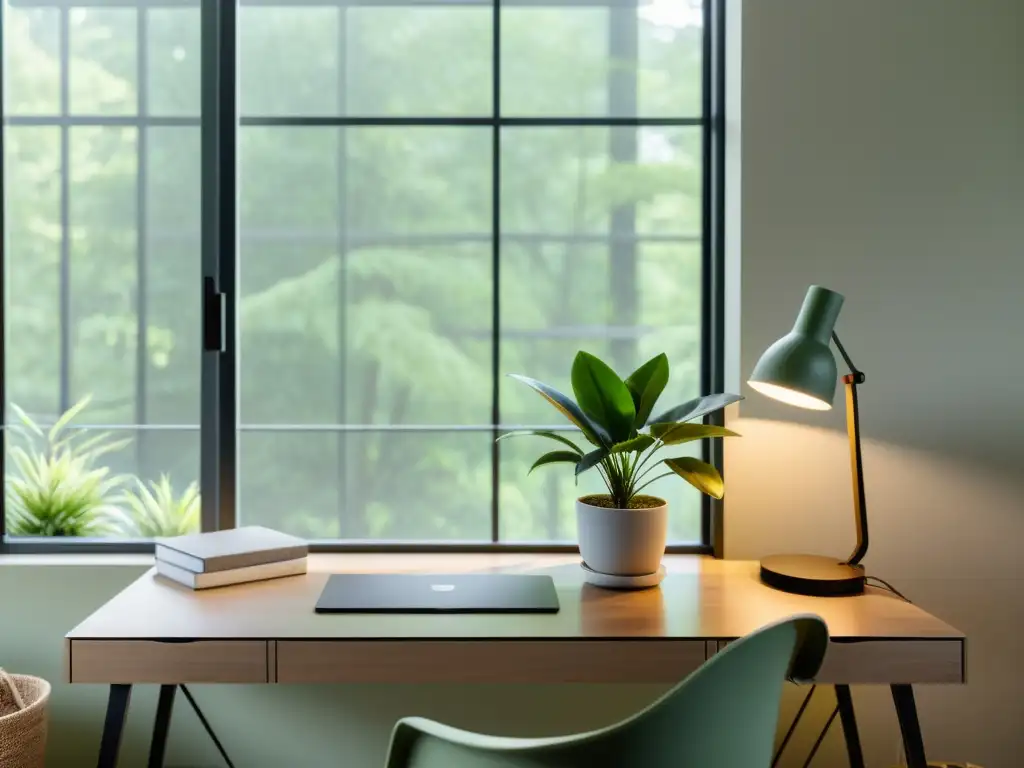 Espacio de trabajo sereno y minimalista con luz natural, ideal para atraer prosperidad Feng Shui