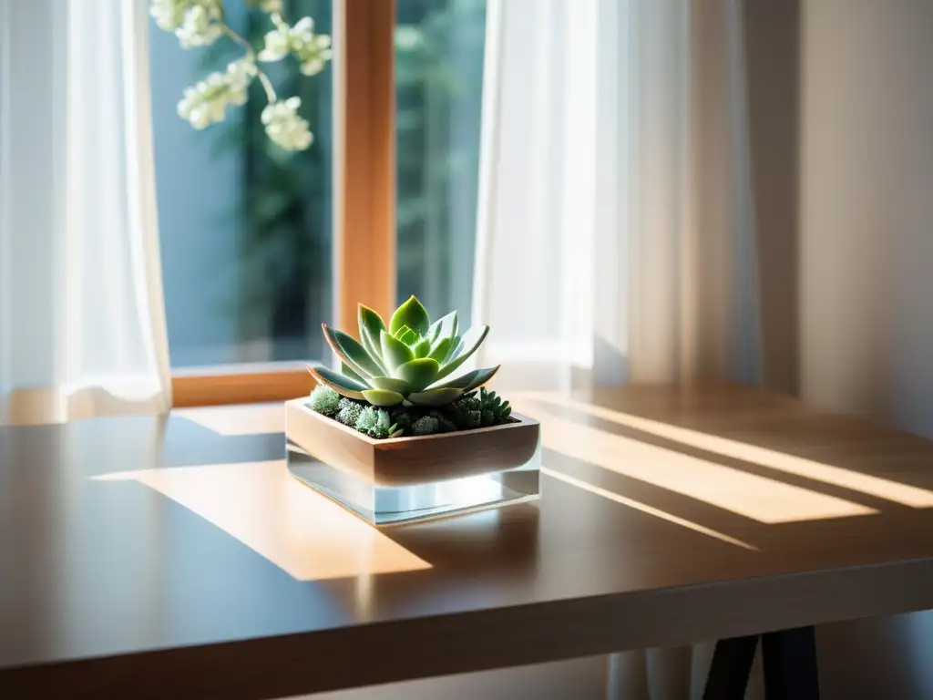 Un espacio de trabajo sereno y minimalista, bañado por luz natural y decorado con elementos armoniosos según los principios del Feng Shui