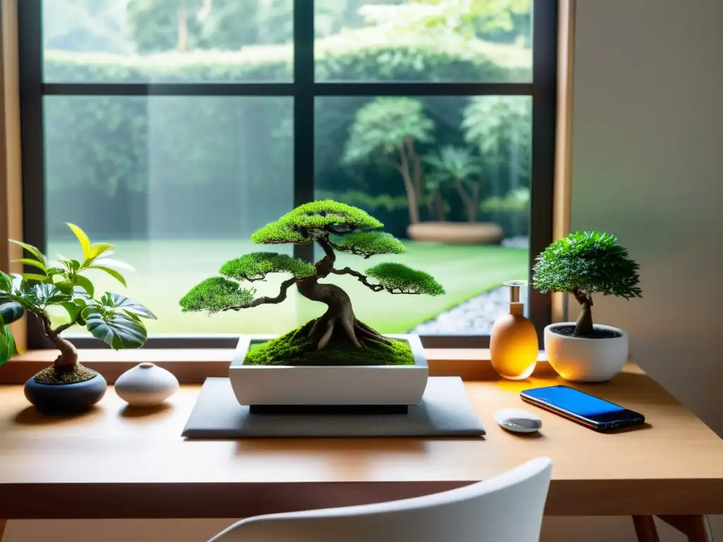 Un espacio de trabajo sereno y minimalista con elementos de Feng Shui, iluminado por luz natural y auriculares inalámbricos