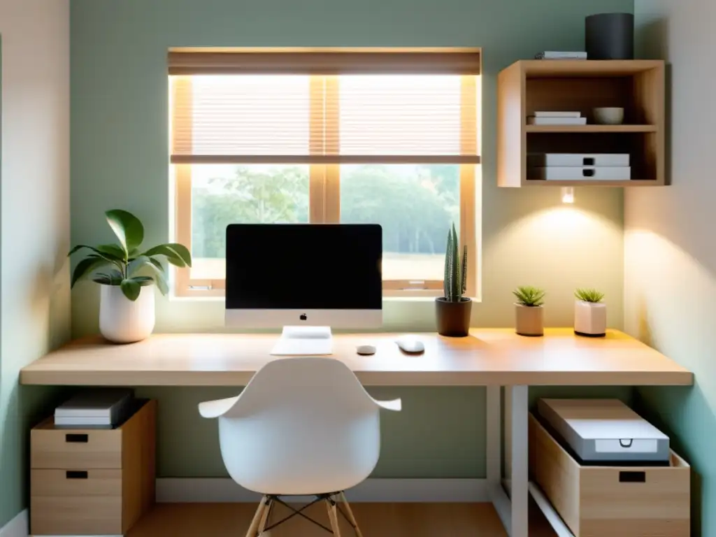 Un espacio de trabajo sereno y minimalista con una limpieza energética de archivos Feng Shui