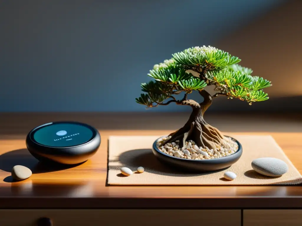 Workspace zen con smartwatch, bonsái y cristal Un espacio de trabajo sereno y minimalista con elementos de Feng Shui para equilibrio personal