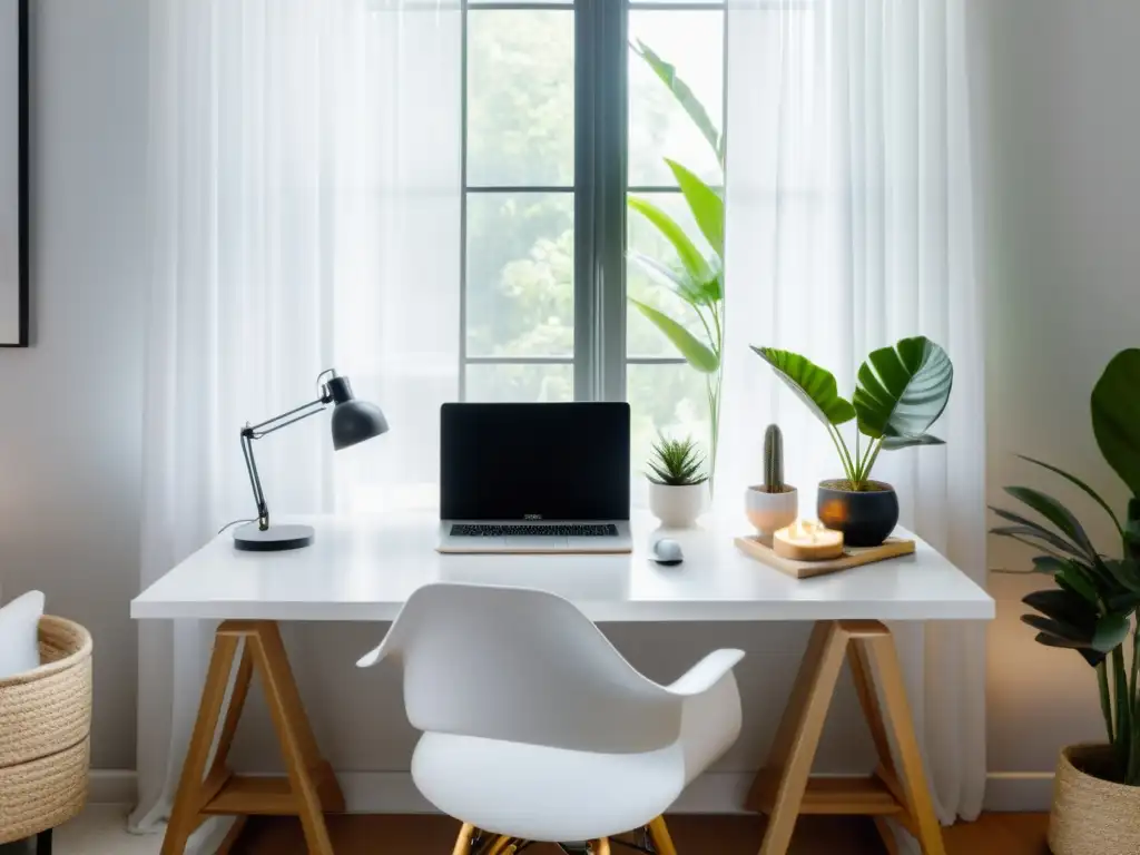 Espacio de trabajo sereno y minimalista con elementos de Feng Shui para armonizar espacio trabajo