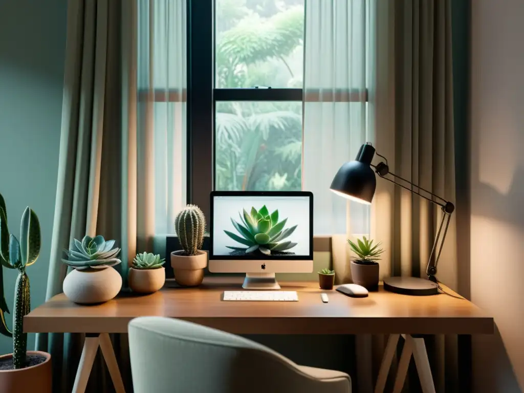 Un espacio de trabajo sereno y minimalista con limpiar energía digital con Feng Shui, iluminación suave y suculentas cuidadosamente dispuestas