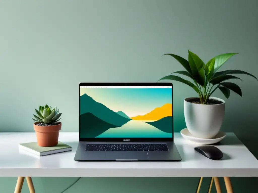 Un espacio de trabajo sereno y minimalista con un elegante portátil, una planta en maceta y un fondo digital calmante con escena natural