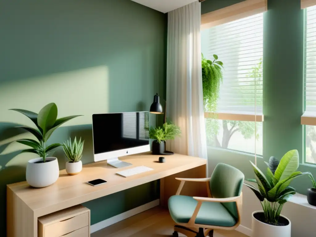 Un espacio de trabajo sereno y minimalista con un escritorio despejado, plantas cuidadosamente colocadas y luz natural suave a través de cortinas