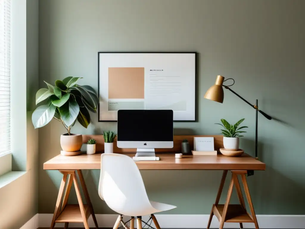 Un espacio de trabajo sereno y minimalista con métodos ecológicos para organizar con Feng Shui