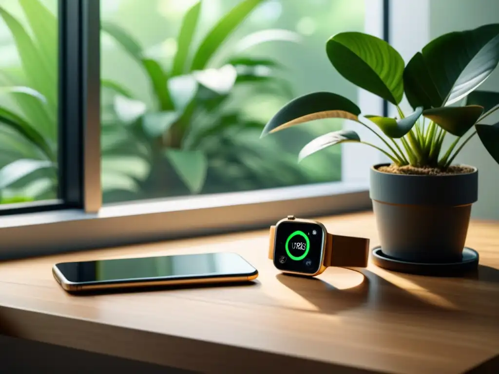 Espacio de trabajo sereno con reloj inteligente moderno y naturaleza en pantalla, armonizando tecnología y Feng Shui