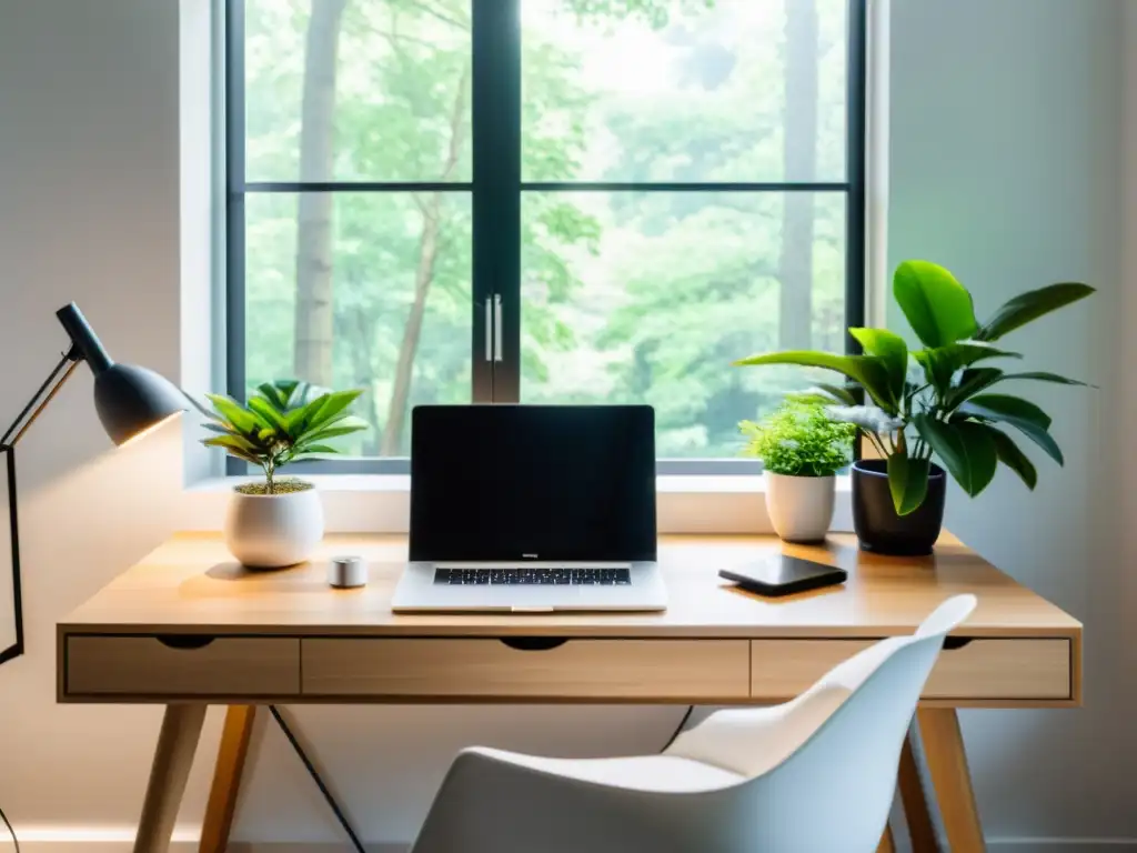 Un espacio de trabajo tecnológico con diseño Feng Shui, en un ambiente sereno junto a la naturaleza