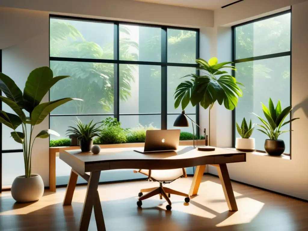 Espacio de trabajo tranquilo y armonioso con plantas, escritorio de madera y luz natural