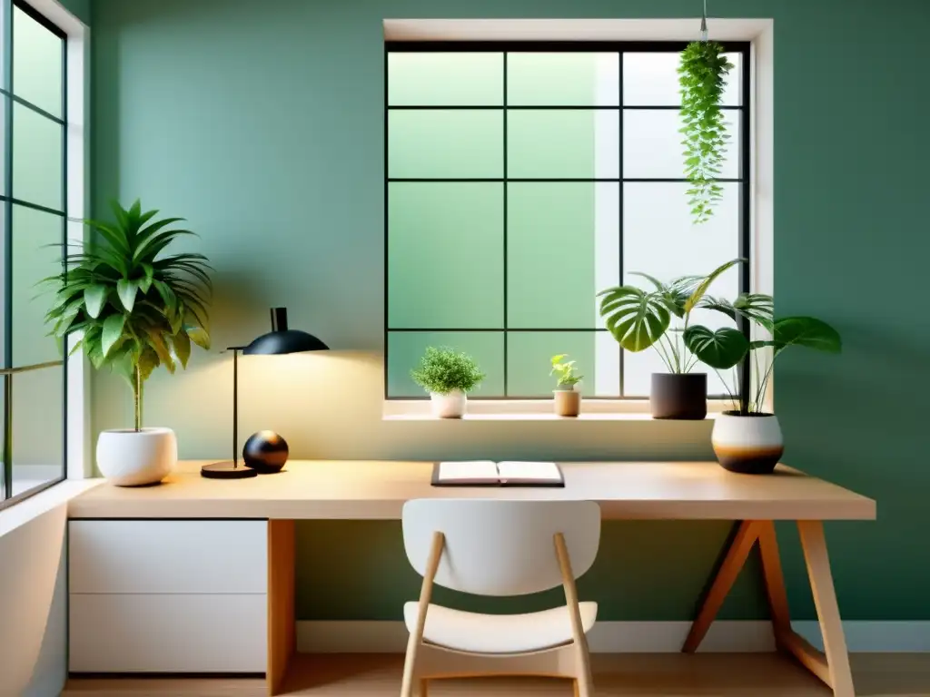 Un espacio de trabajo tranquilo con diseño gráfico armonioso según principios de Feng Shui