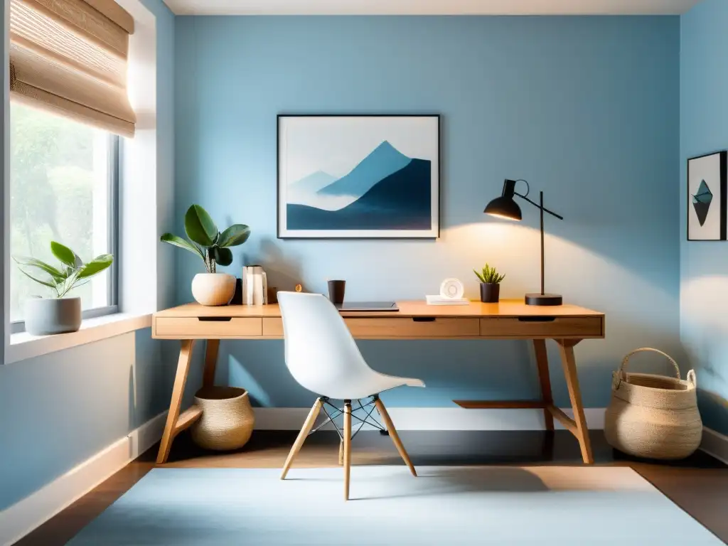 Un espacio de trabajo tranquilo y equilibrado con decoración minimalista y toques de Feng Shui en una oficina en casa