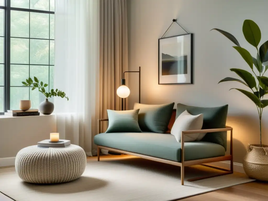 Espacio tranquilo con iluminación adaptable Feng Shui, muebles modernos y toques de naturaleza, creando armonía y calma