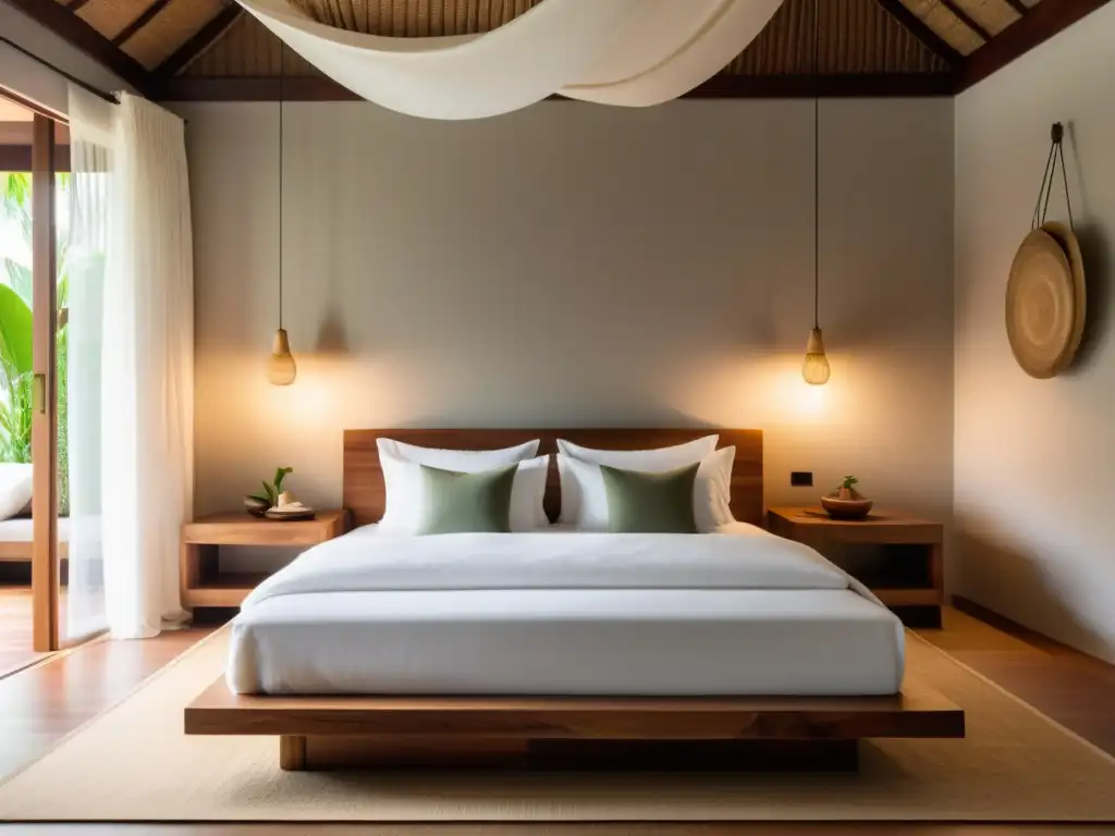 Espacio tranquilo y armonioso con fusión del Feng Shui y balinesa, cama grande y sin hacer, muebles de madera natural y suave luz ambiental