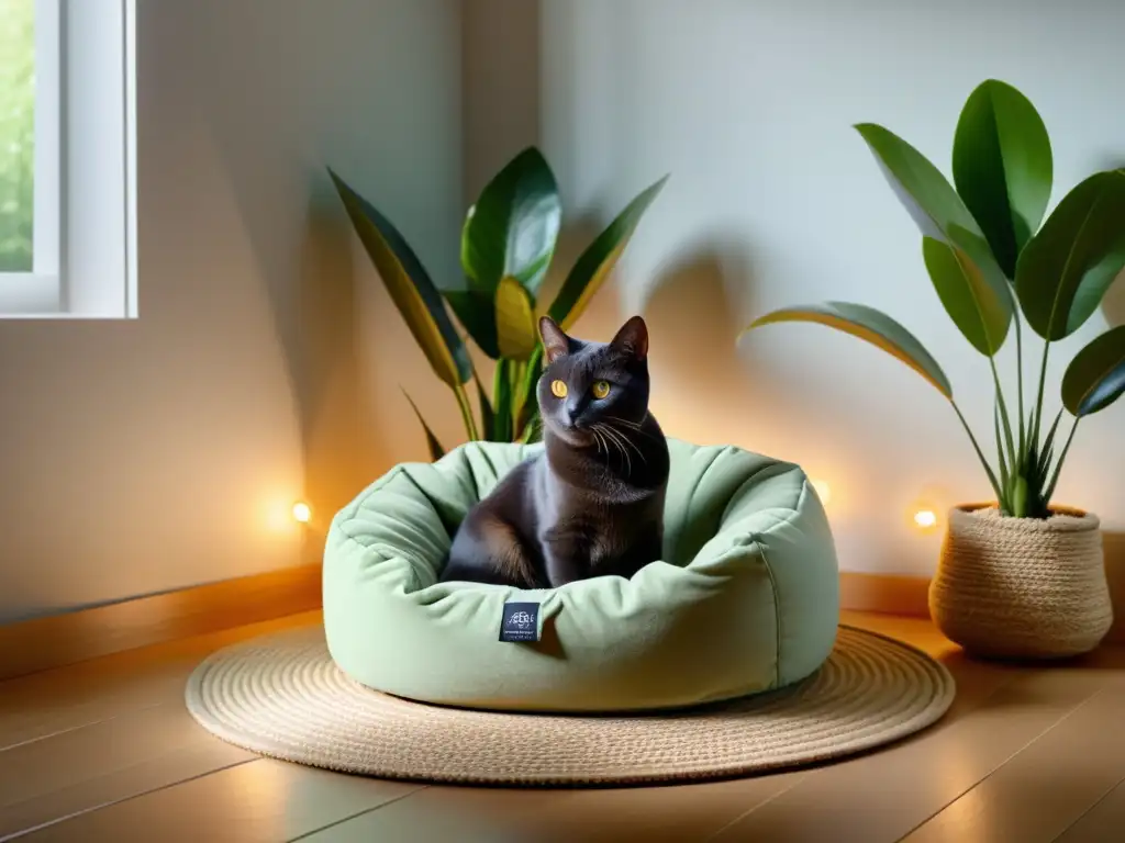 Un espacio tranquilo y armonioso con una cama para mascotas, rodeado de elementos de Feng Shui para mascotas felices