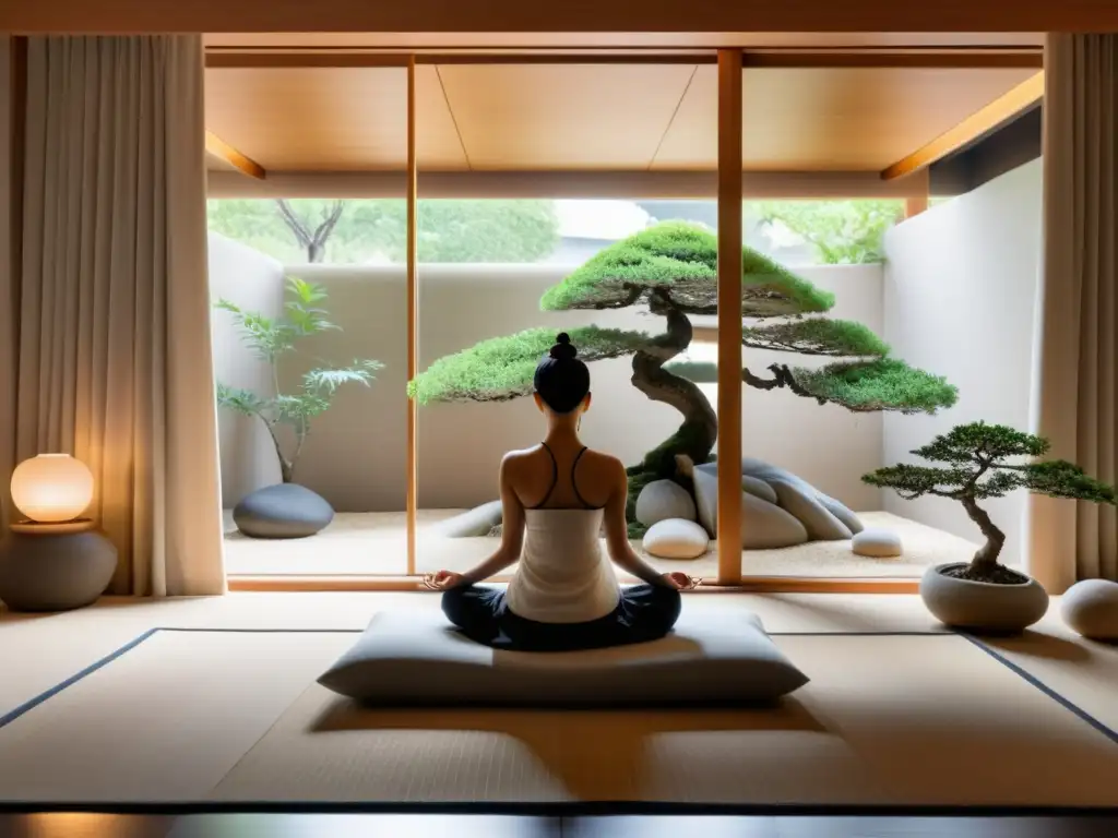 Espacio de meditación tranquilo con jardín zen y bonsái, libre de ruidos externos