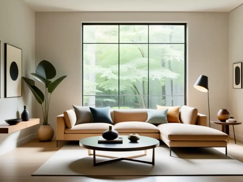 Espacio tranquilo con Feng Shui clásico para armonización del hogar: sala minimalista con luz natural, sofá neutro y arte abstracto