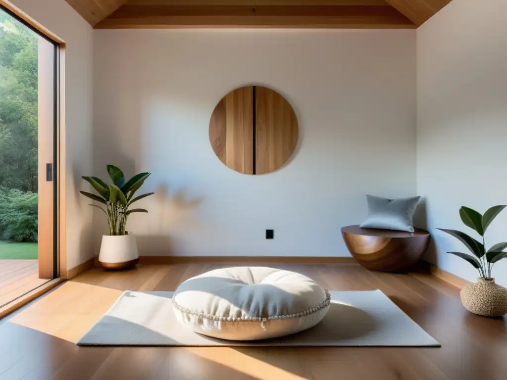 Espacio de meditación tranquilo y libre de ruidos externos con luz natural suave y decoración minimalista