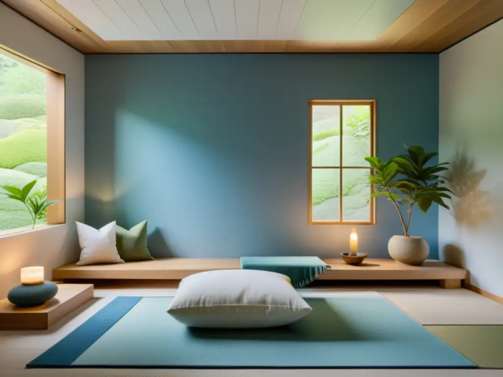 Un espacio tranquilo y minimalista con paletas de colores Feng Shui, iluminado por luz natural